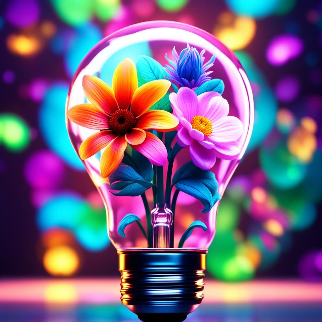 Exotic Flower in Lightbulb: Hyperrealistic Neon Art