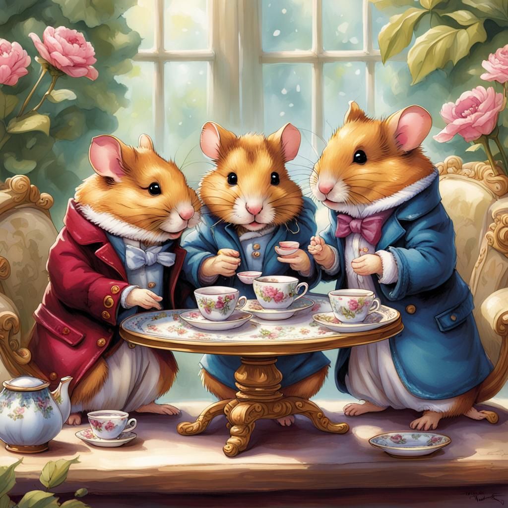 Hamsters Tea Party in Teacups, Comic Book Art