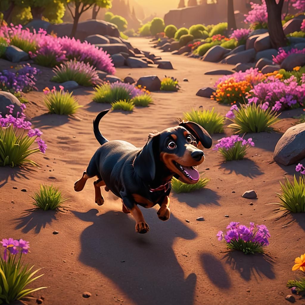 Vibrant Dachshund Runs Through Bright Landscape