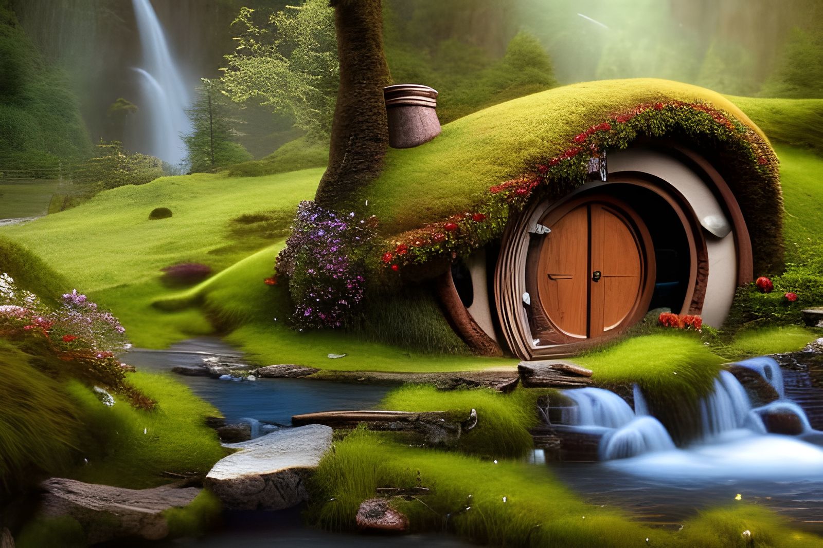 "Photo of a perfect Hobbit house by waterfalls and a mountain stream