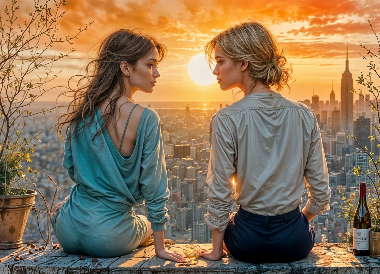 Lovers on the roof, drinking wine