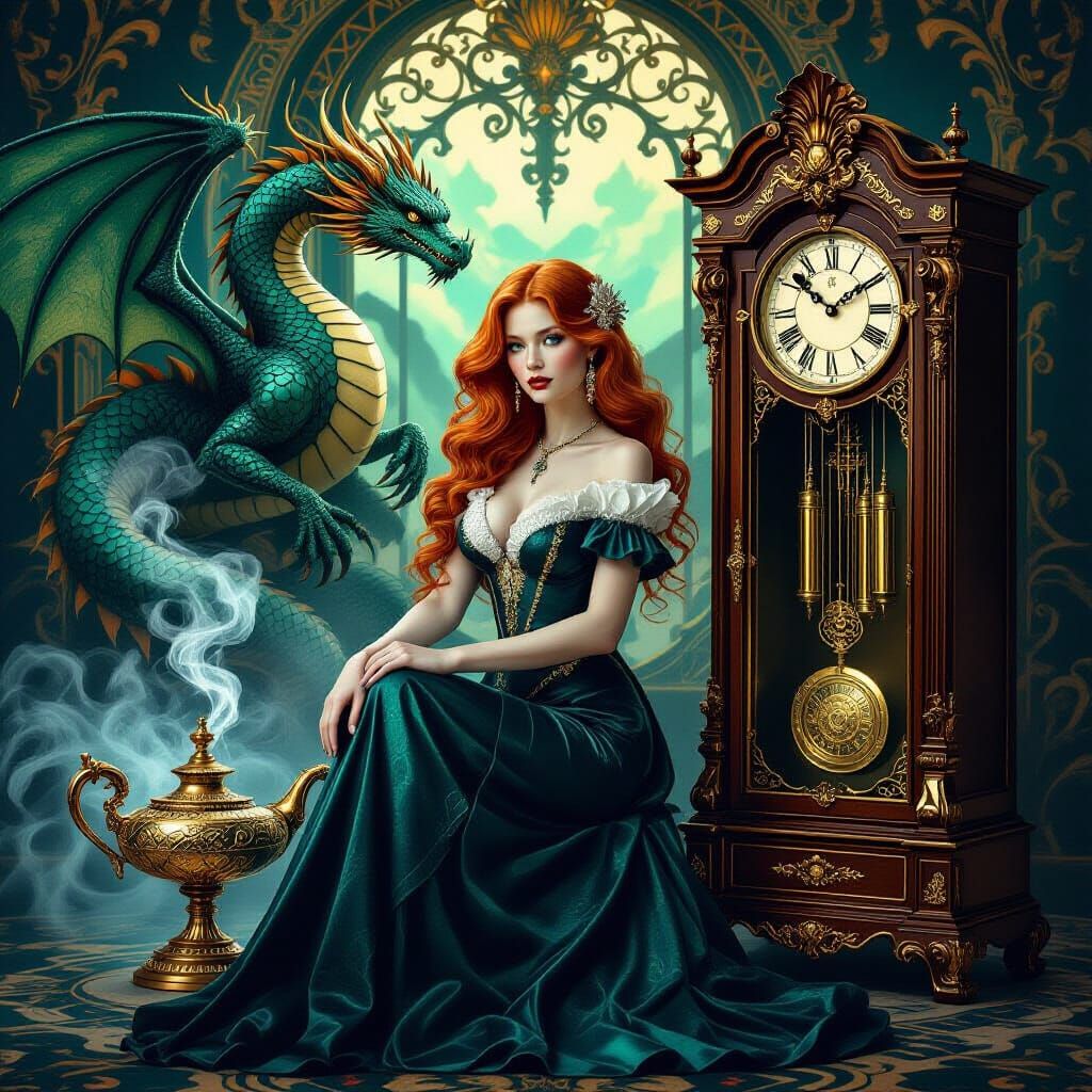 Surreal Art Nouveau Portrait of a Redhead Lady with Dragon