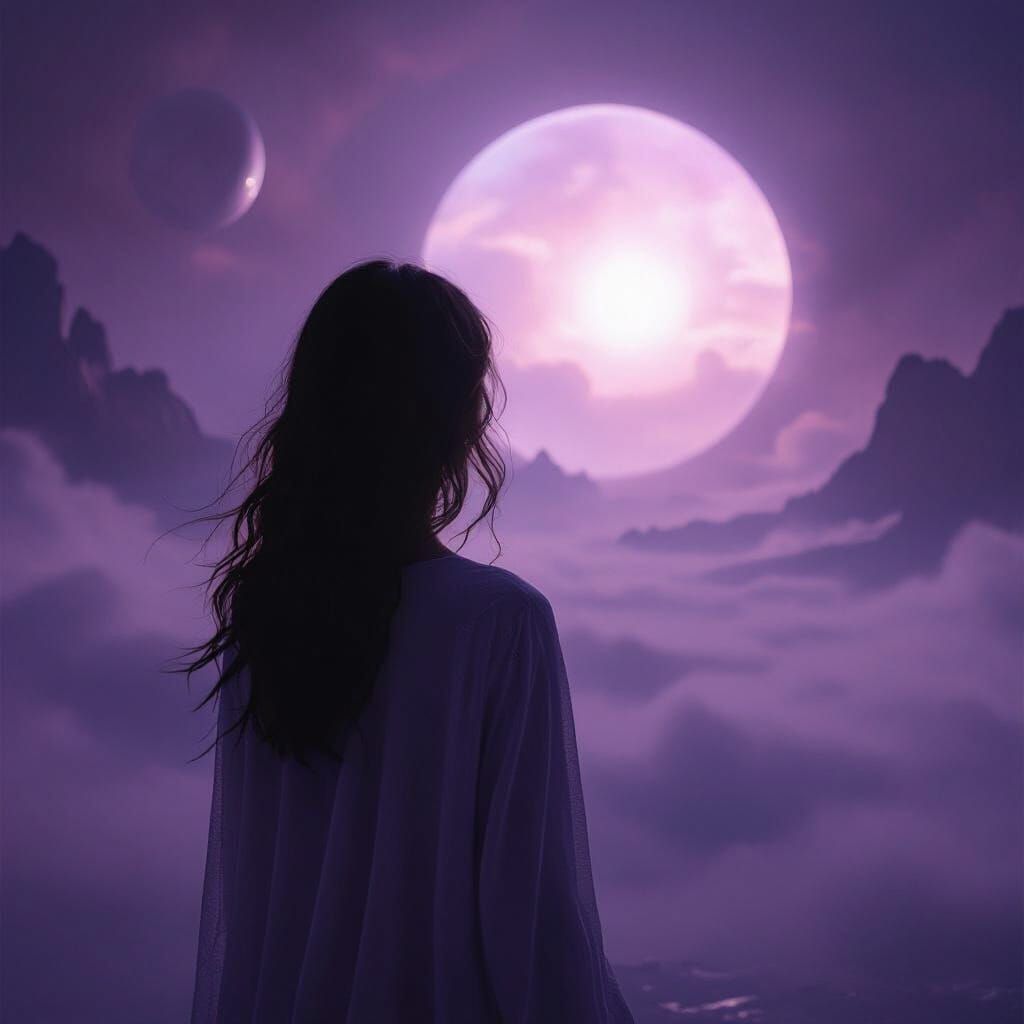 Woman Faces Ethereal Glow in Misty Landscape