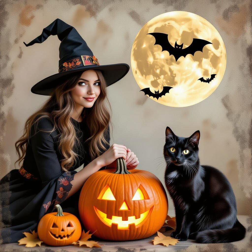 Halloween Collage: Witch, Cat, and Pumpkin