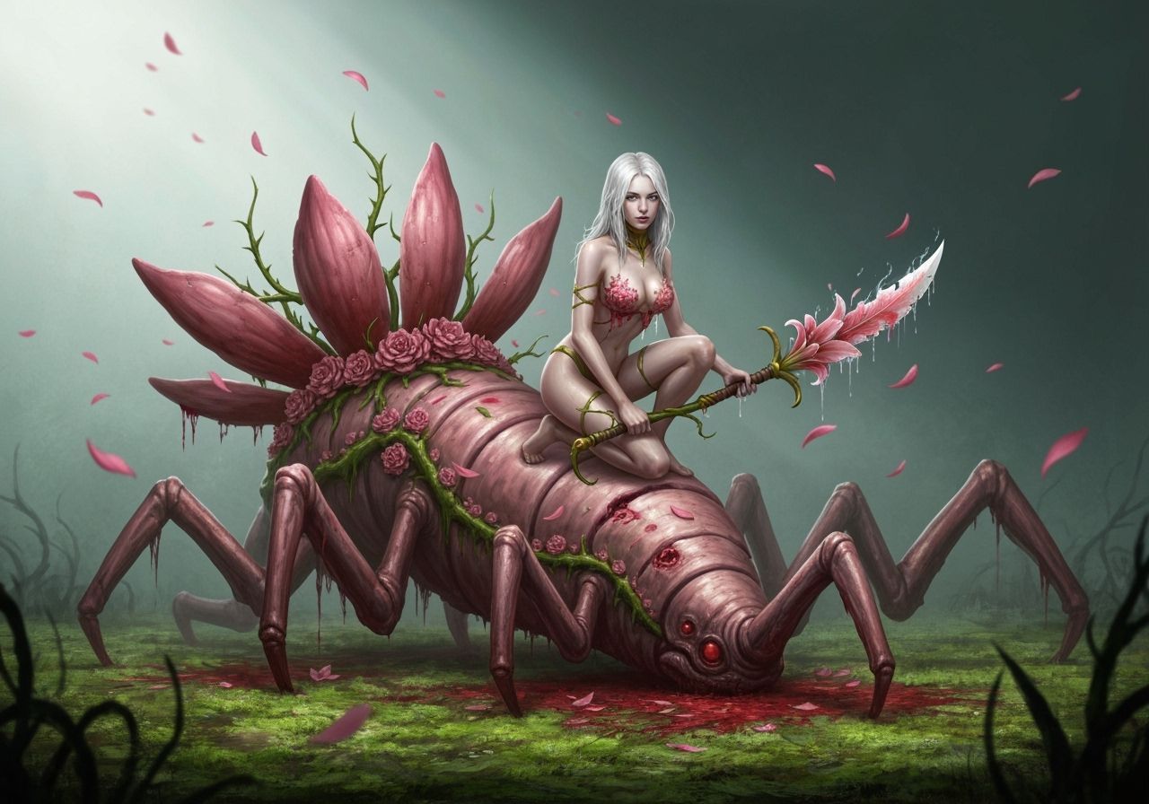 Pale Assassin on Petal-Beast in Eerie Realism Style