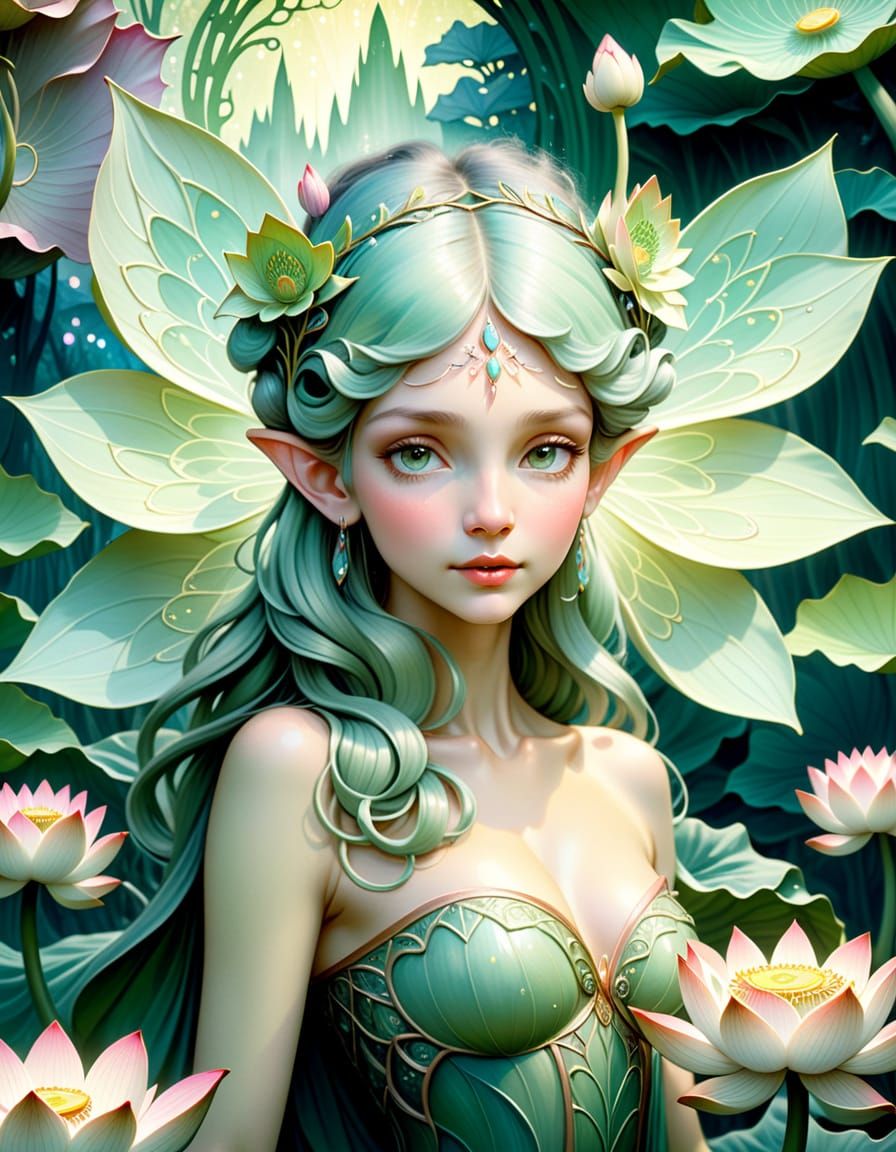 Ethereal Fairy on Lotus Bloom in Enchanted Forest