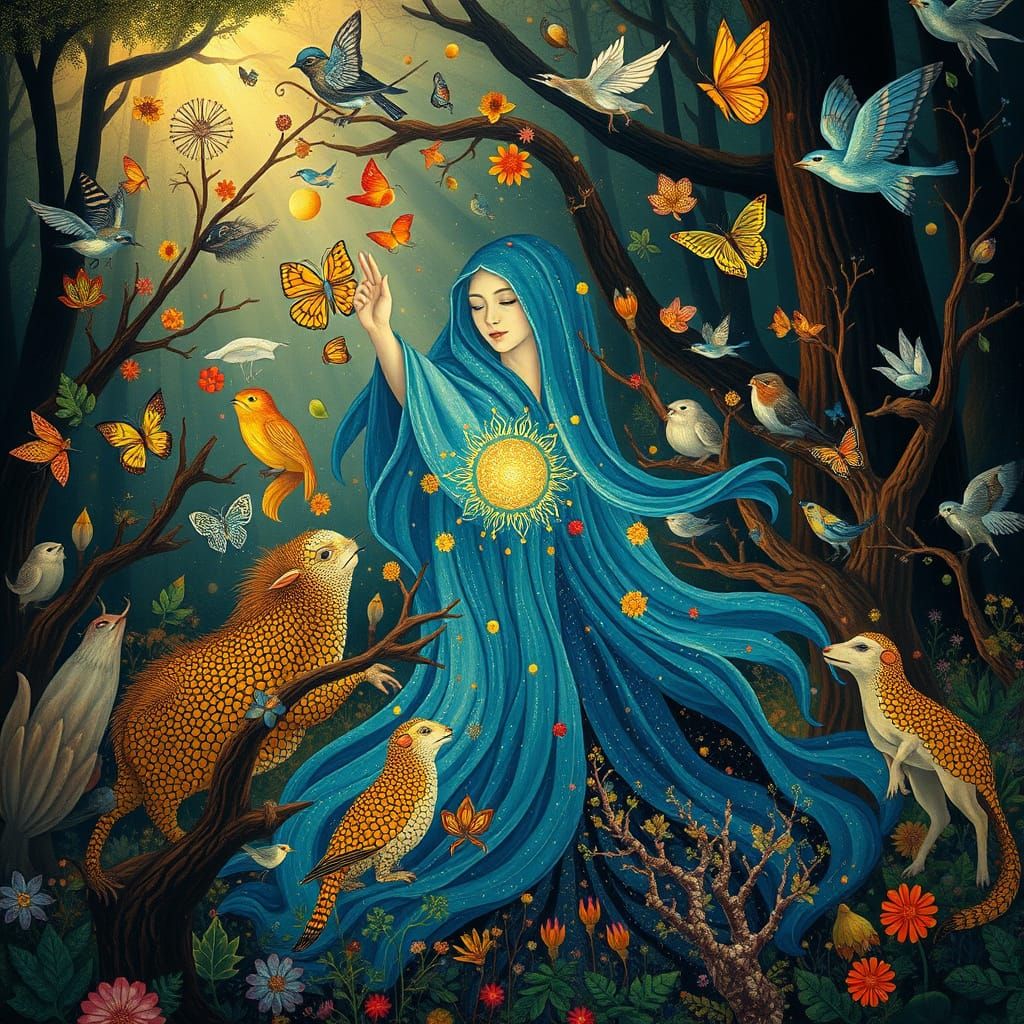 Mystical Blue-Robed Figure in Whirling Dance with Forest Cre...