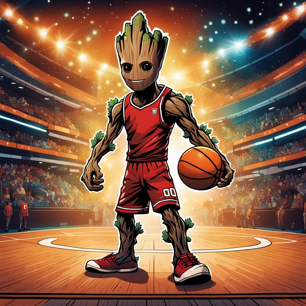 Vibrant Basketball Hero Groot in Dynamic Comic Book Style