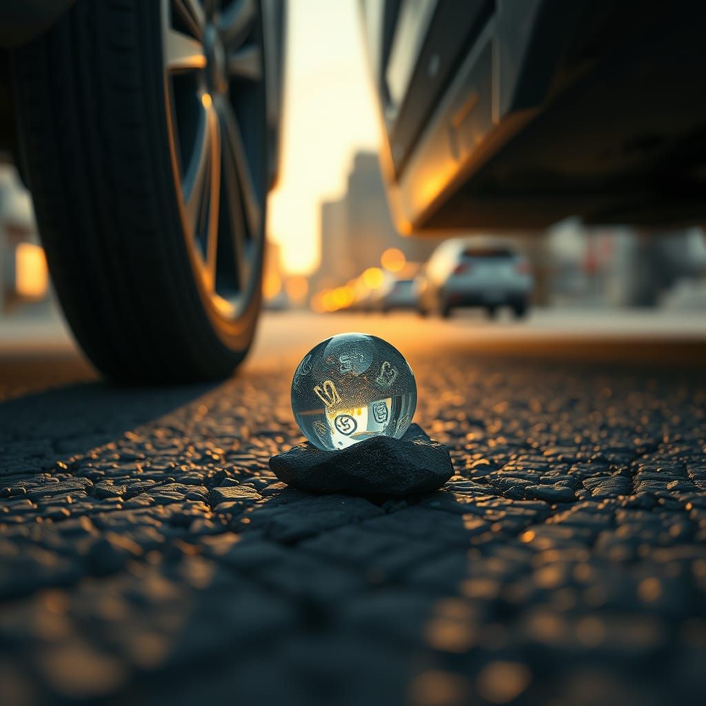 Glowing Marble Teeters on Car Wheel's Edge