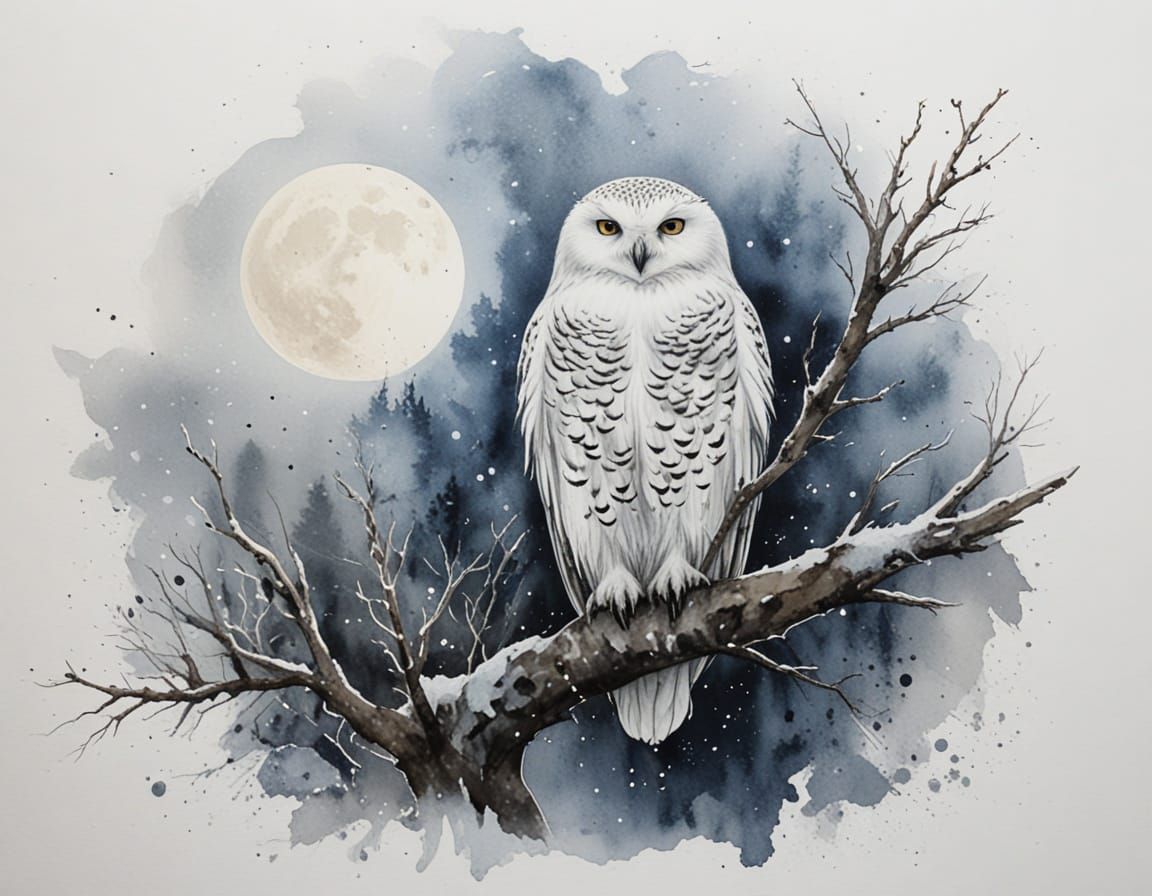 Enchanting Snowy Owl on Gnarled Branch in Moonlight