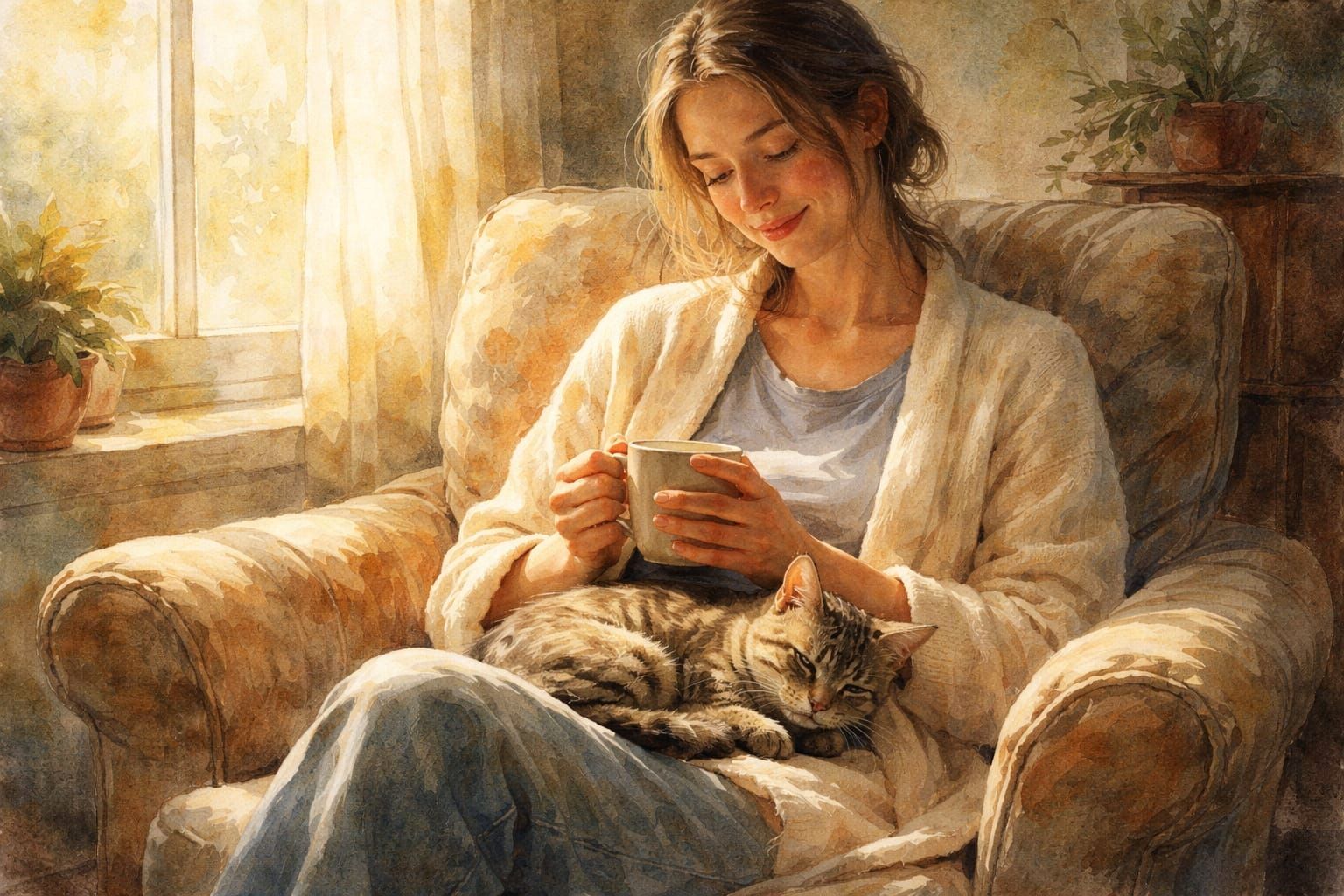 Cozy Watercolour of Person and Cat in Morning Light