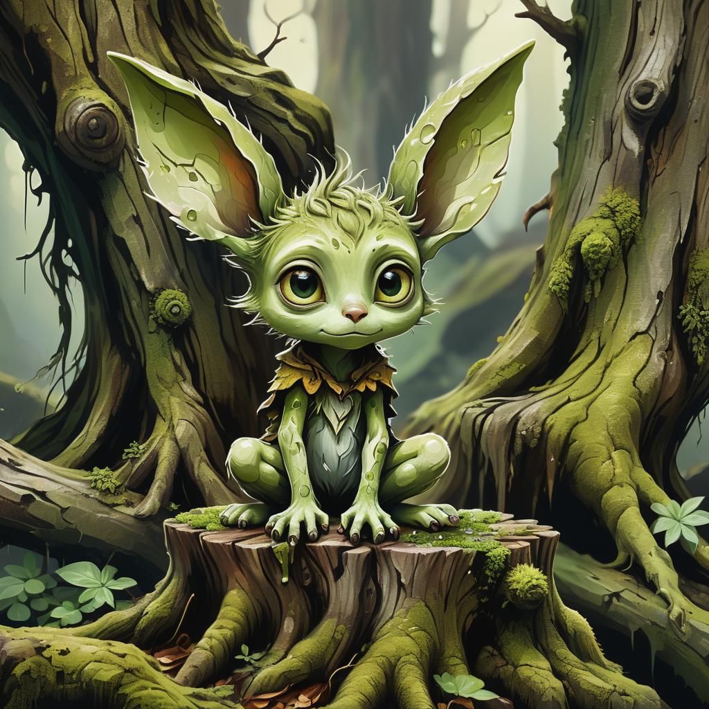 Green Creature on Tree Stump in Digital Fantasy Art