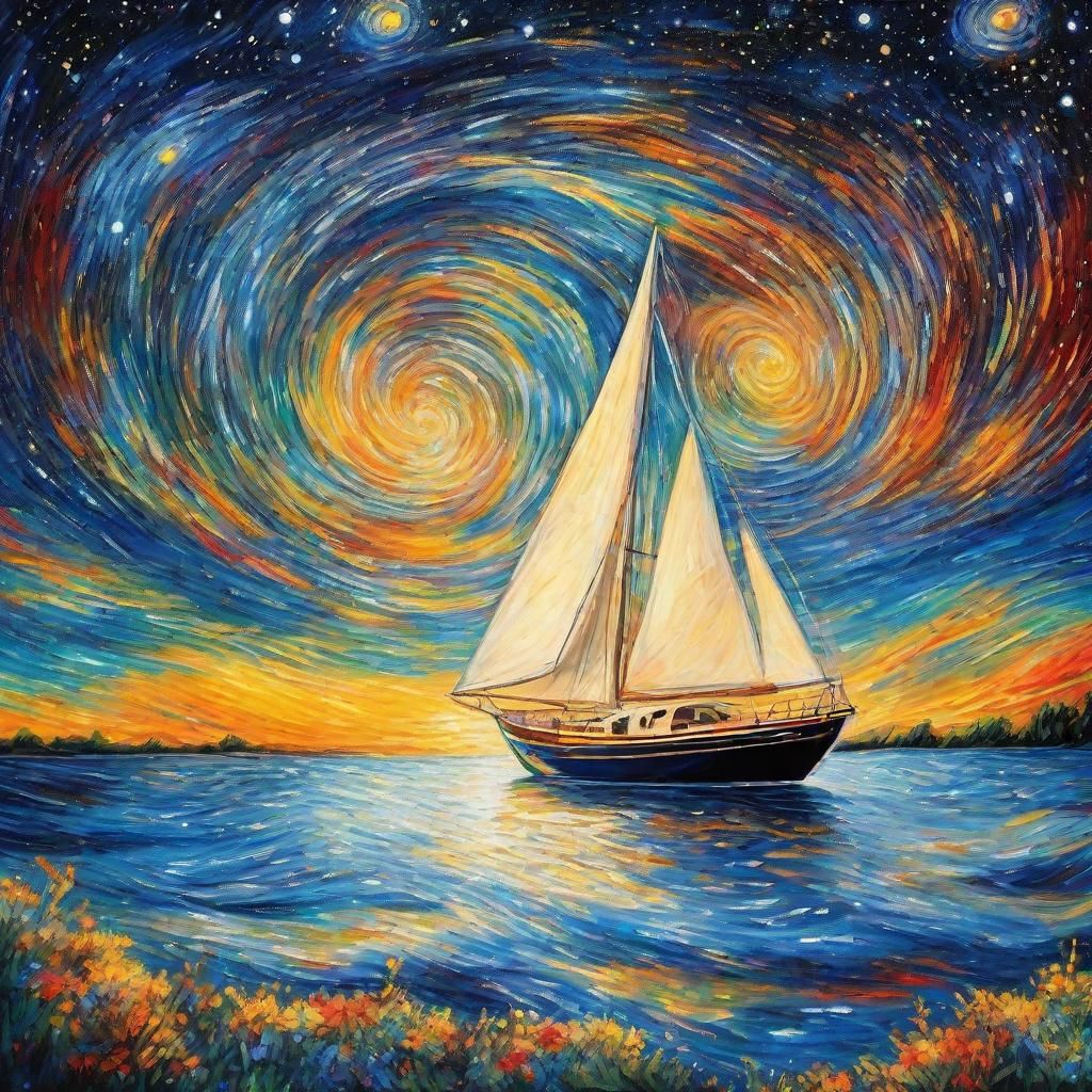 Sail Yacht Navigating Galaxy in Impressionistic Style
