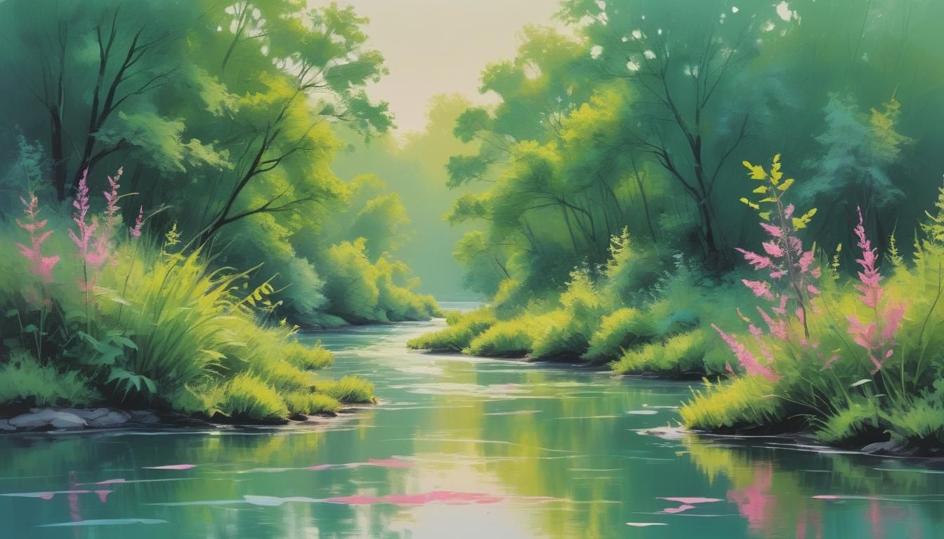 Summer River Landscape Painting in Impasto Style