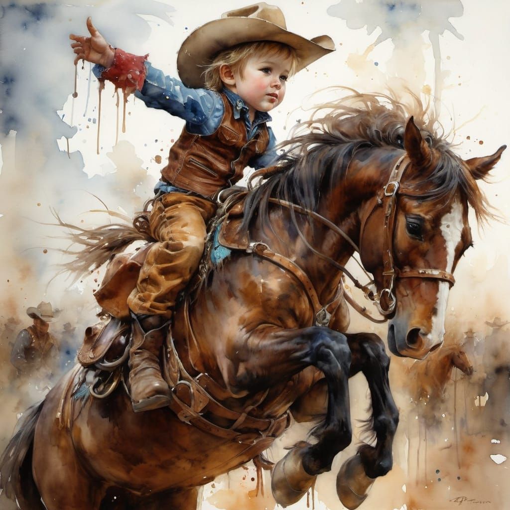 Vibrant Watercolor Rodeo Scene of Young Cowboy Riding Buckin...