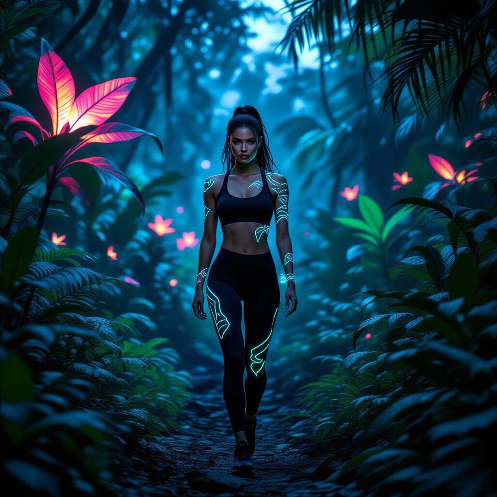 Bioluminescent Supermodel in Neon Jungle at Twilight