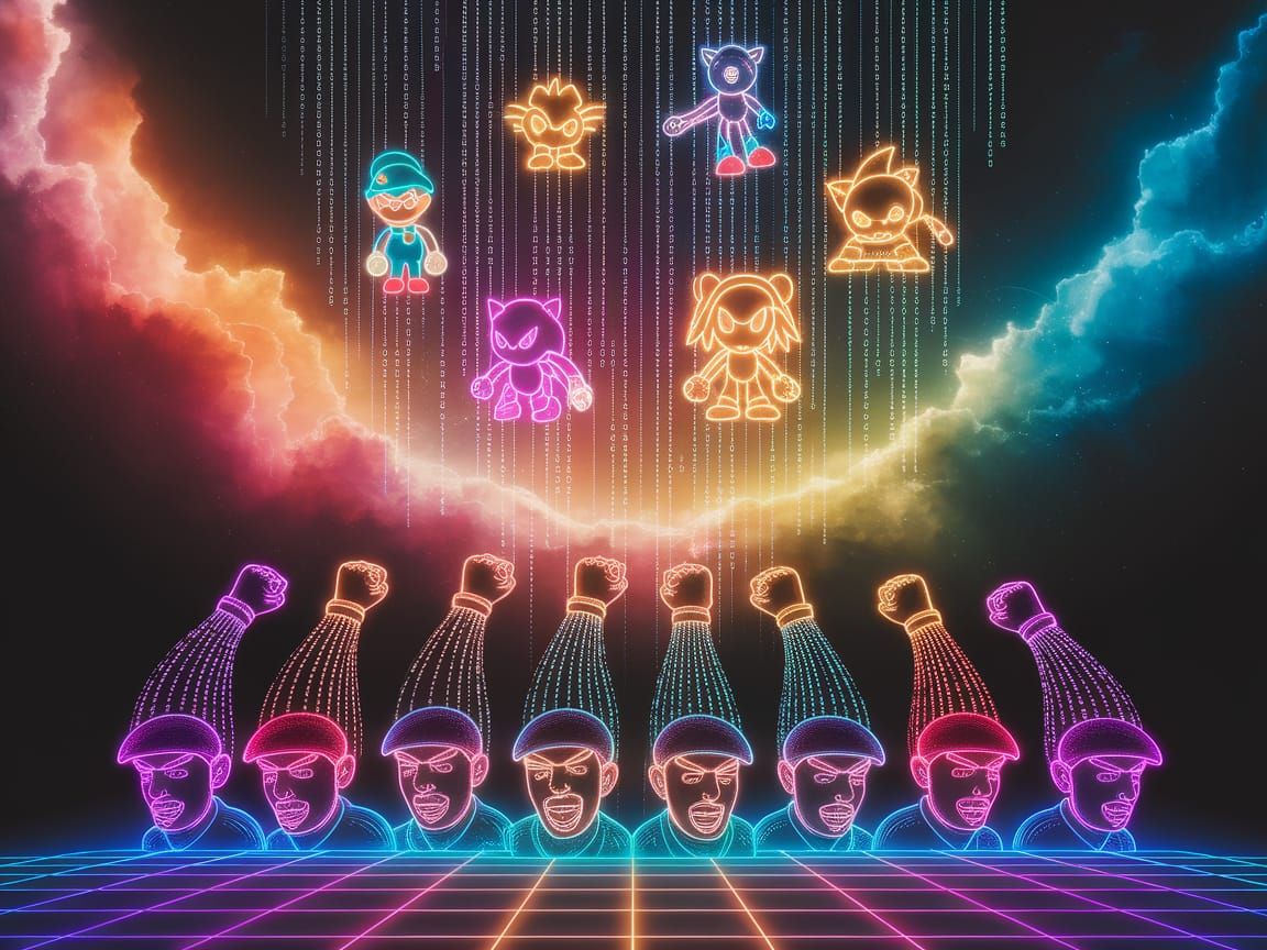 Neon Binary Code Art: Game Characters Emerge
