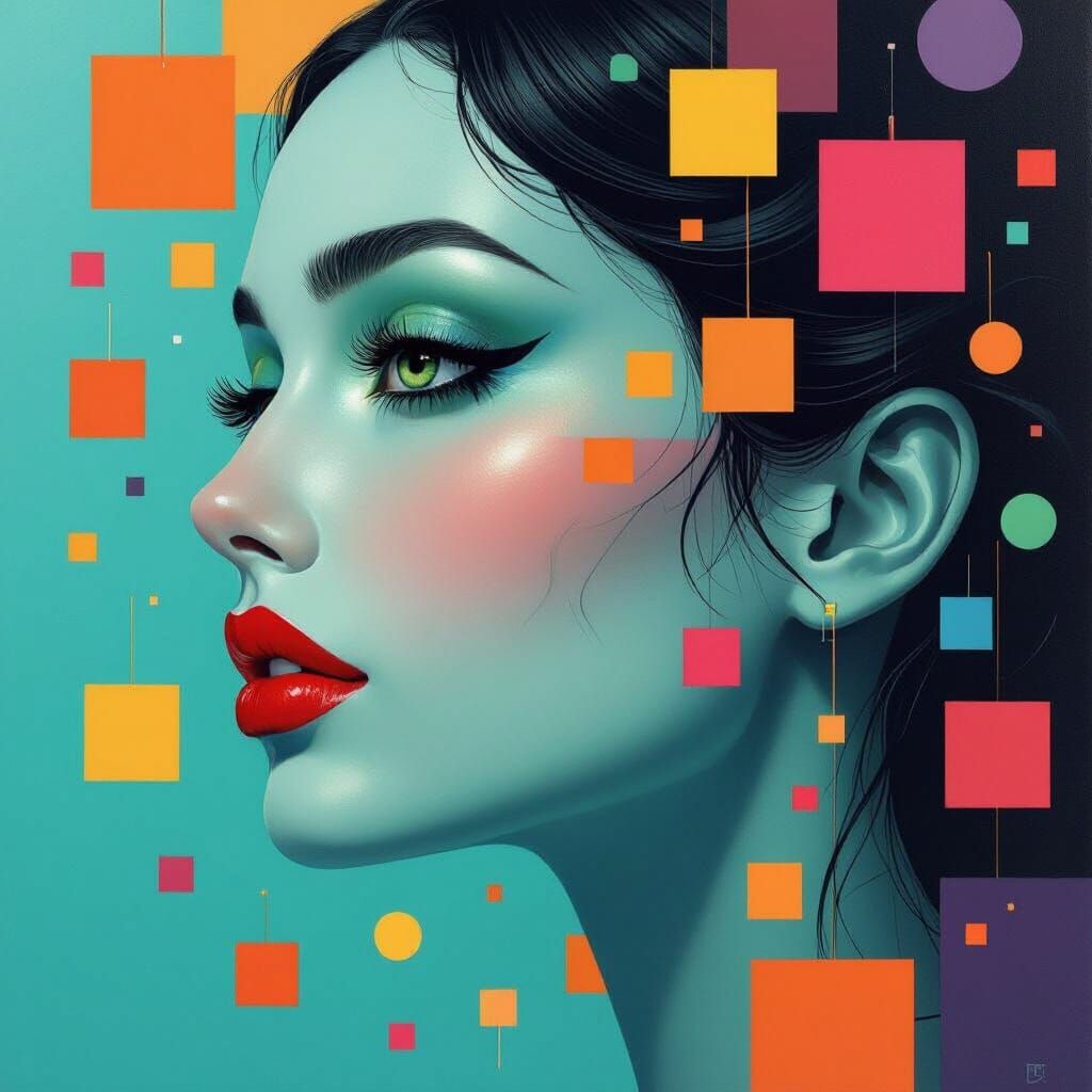 Woman's Profile with Blue Skin & Geometric Shapes