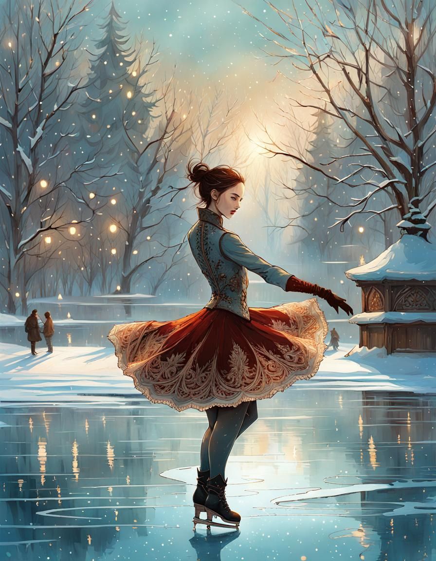 Figure Skater on Winter Pond Digital Painting