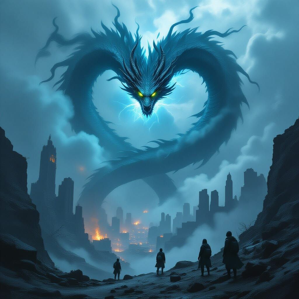 Shadow Dragon Circling Ruined Cityscape in Dark Fantasy Styl...