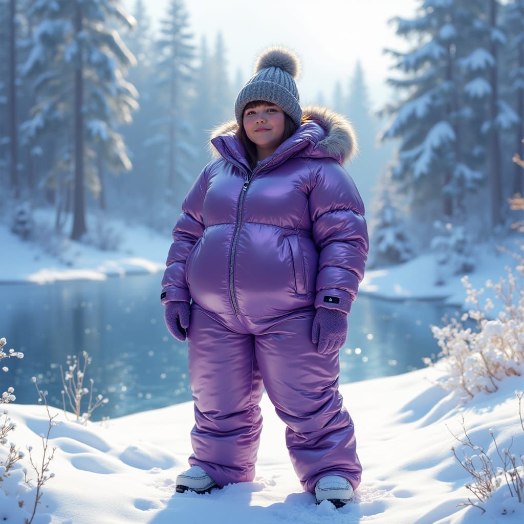 Woman in Violet Snowsuit, Digital Winter Art