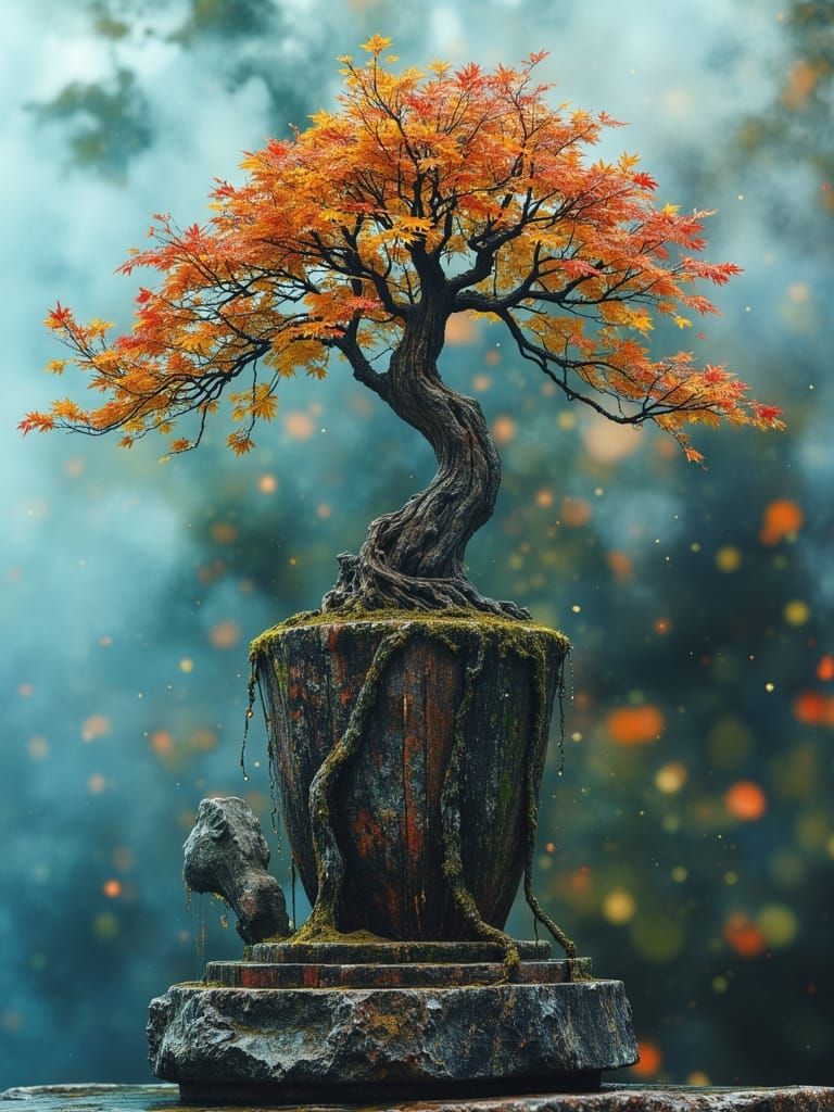 Surreal Maple Bonsai in Dreamlike Psychedelic Fog