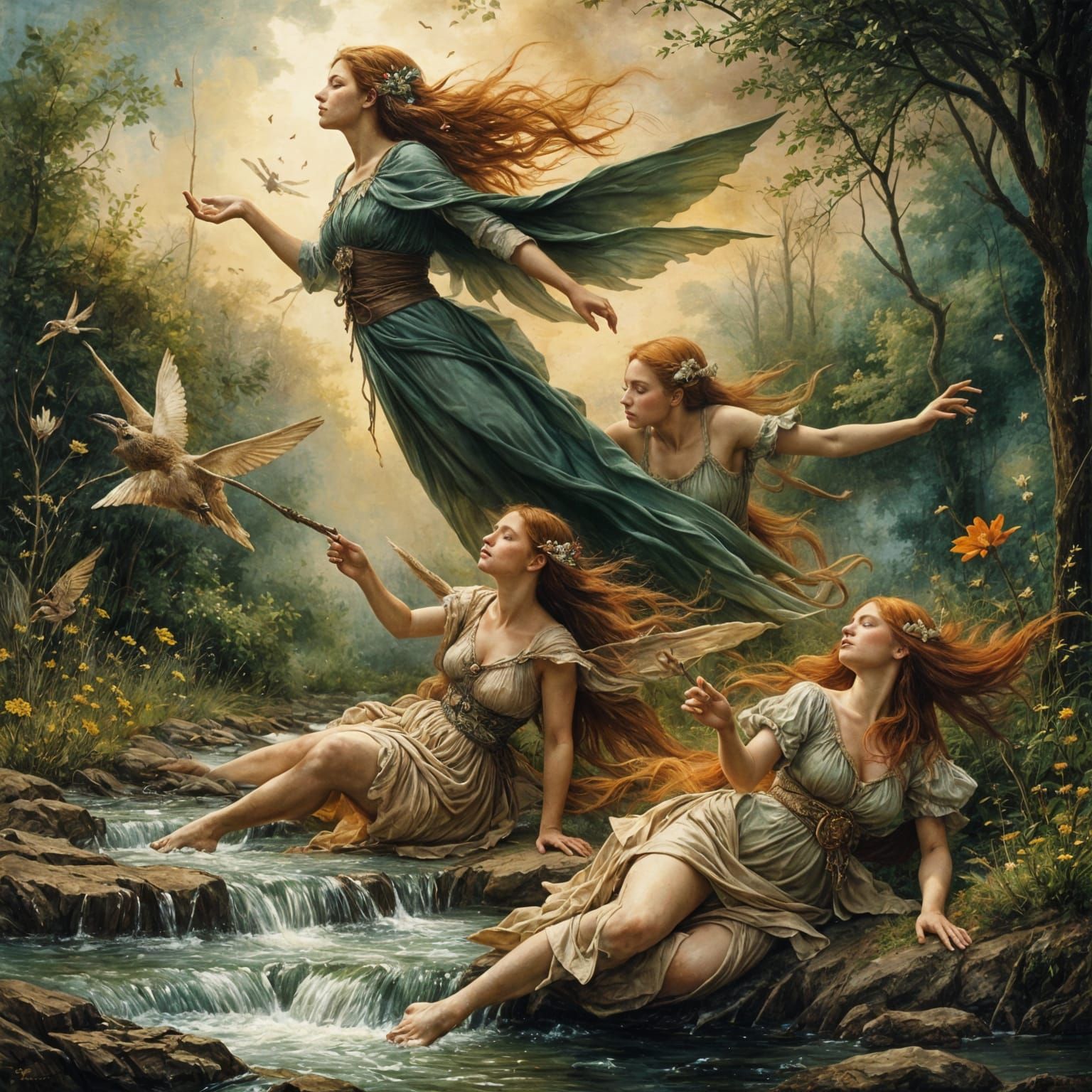Ethereal Elves Soar Above a Serene River in Pre-Raphaelite S...