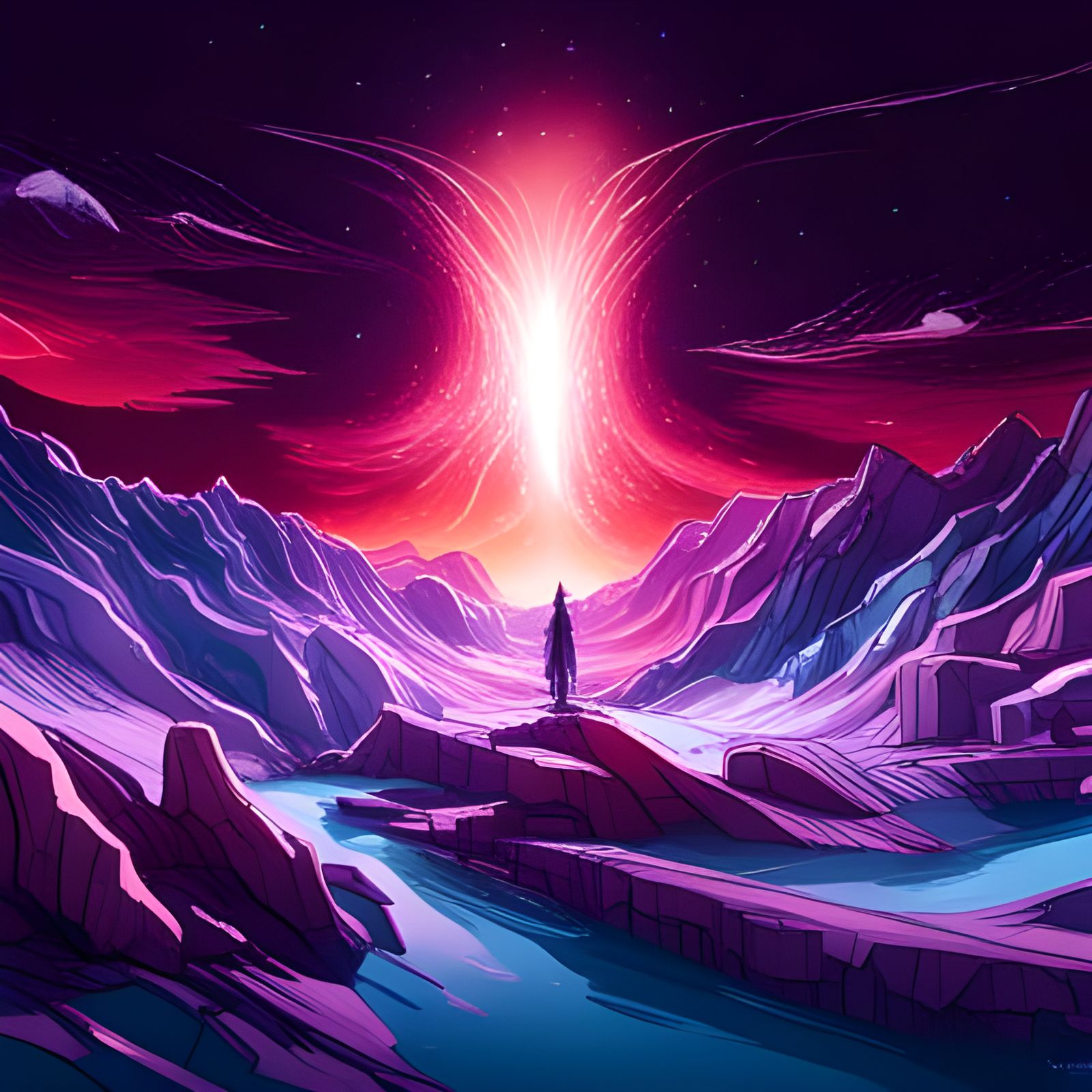 Vibrant Cosmic Landscape in Digital Rendering Style