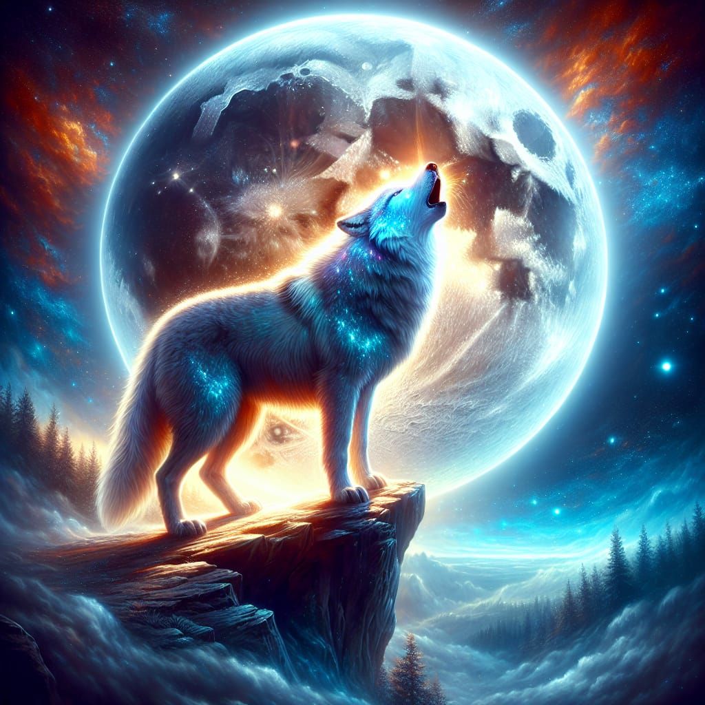 Majestic Wolf Stands Tall Under Grand Moonlight