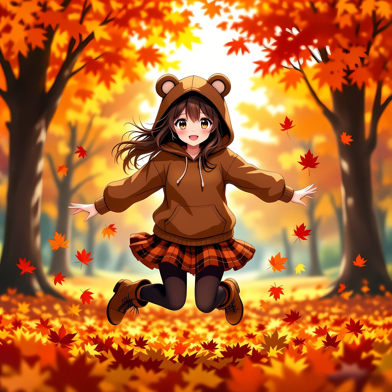 Anime Girl Jumps into Autumn Leaves in Hyperdetailed Style