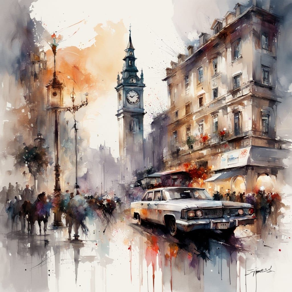 Timeless Cityscape in Whimsical Watercolour Style