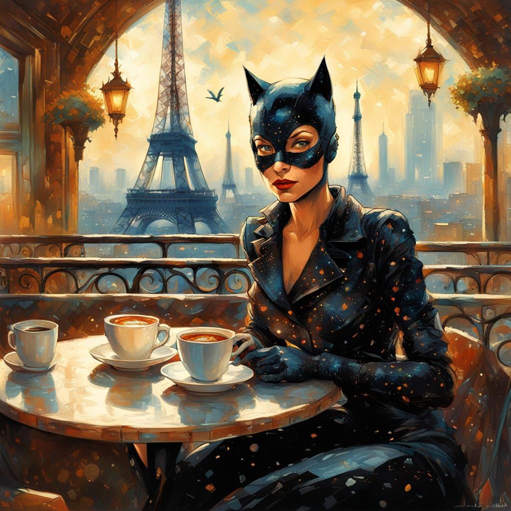 Catwoman's Parisian Holiday in Pointillist Style