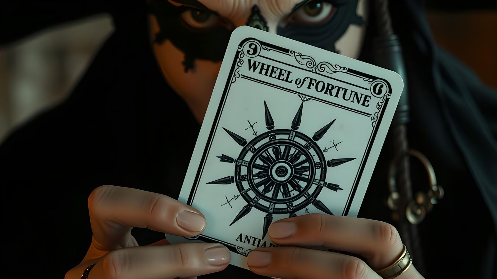 Creepy Witch Holds Wheel of Fortune Tarot Card