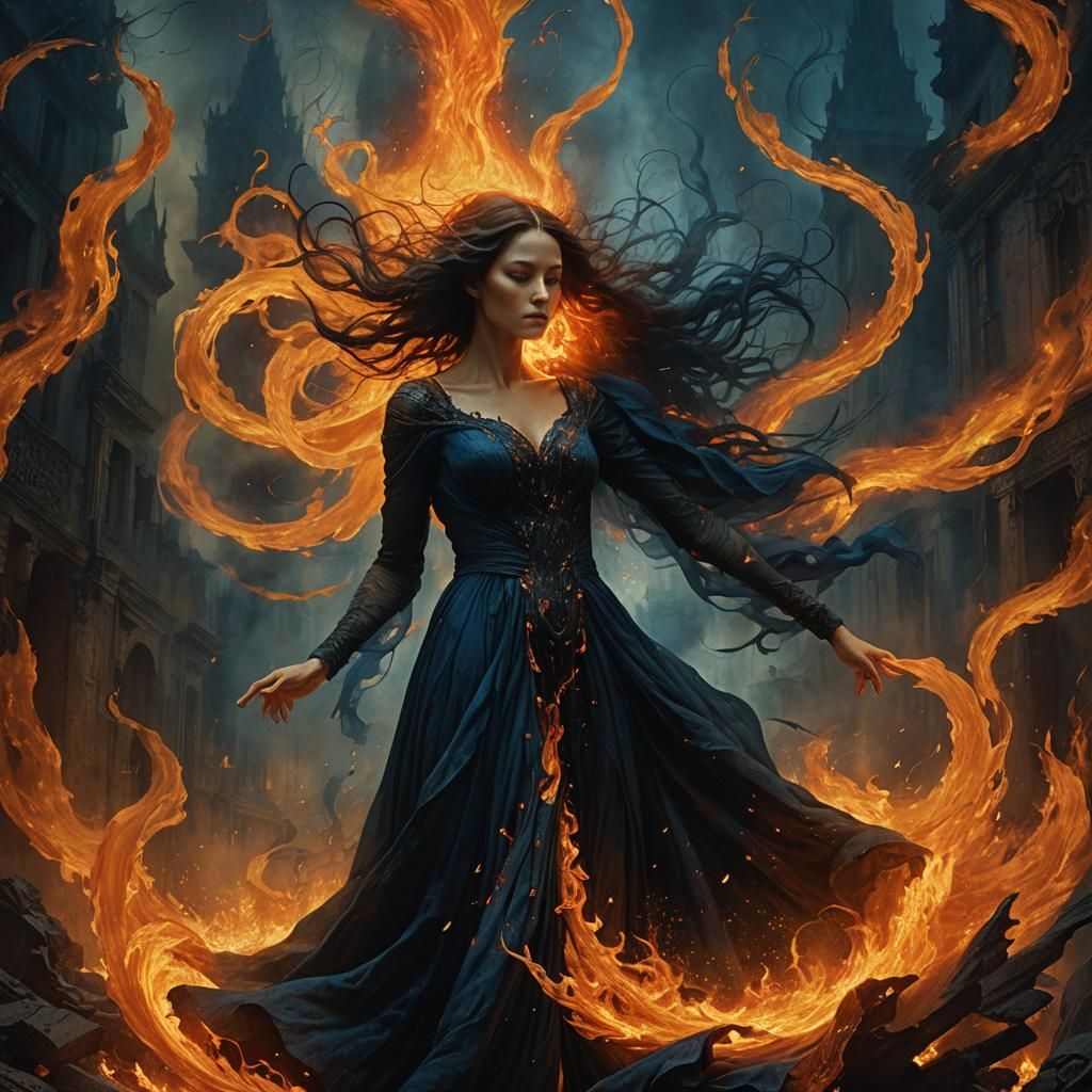 Woman Enveloped in Flames: Dark Fantasy Matte Painting