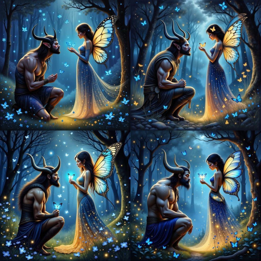 Horned Warrior Presents Butterflies to Fairy Queen