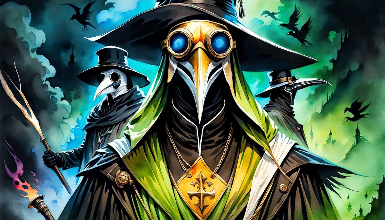 Watercolor Plague Doctor in Horror Film Style