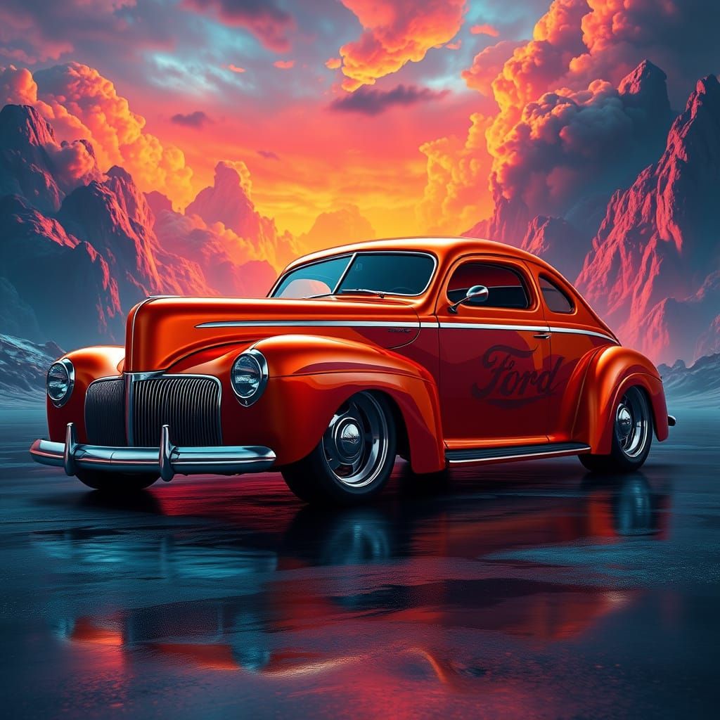 Vintage Ford Hot Rod in a Dreamlike, Fantasy-Inspired Scene
