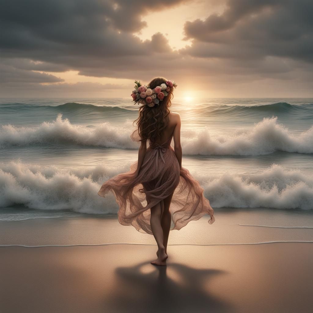 Girl with Flower in Hair on Beach