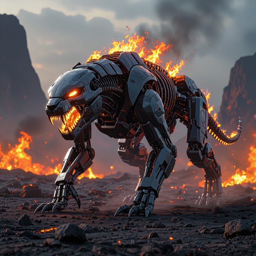Flaming Robotic Smilodon in Volcanic Wasteland