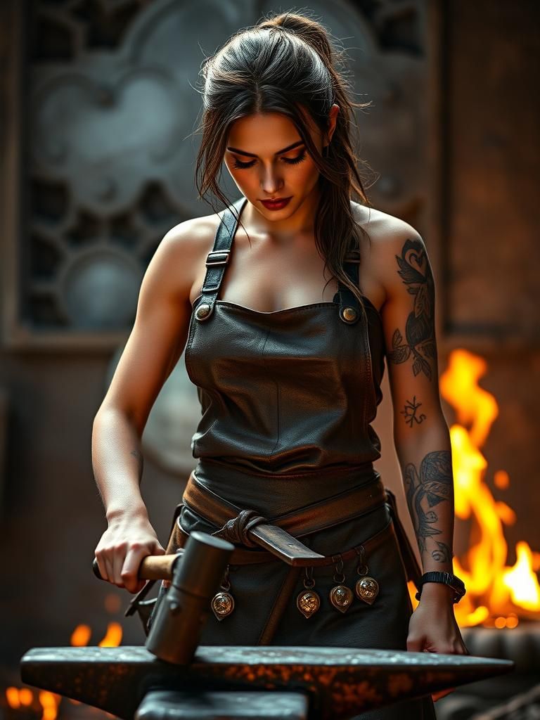 Blacksmith Woman at Forge in Digital Art Style
