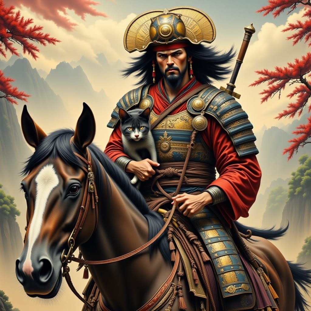 Samurai Warrior with Cat on Horseback
