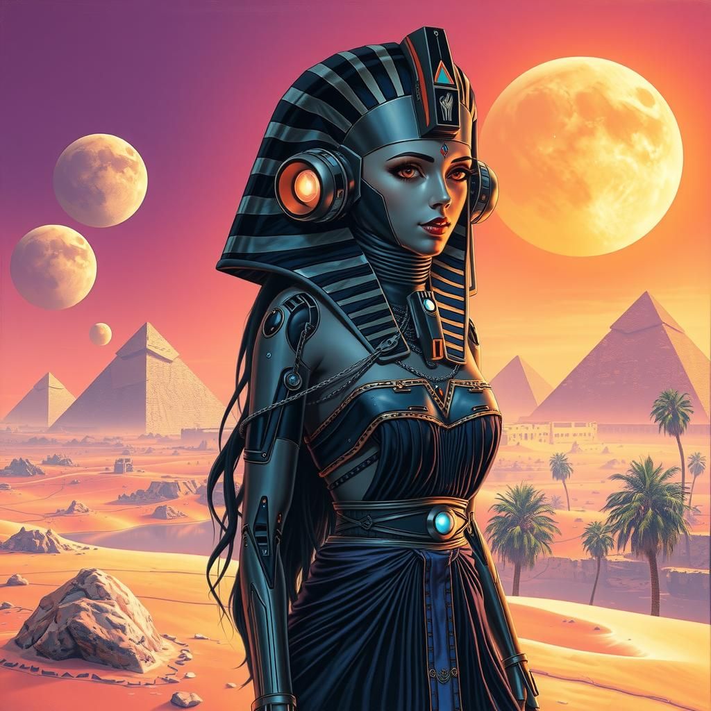 Cyberpunk Egyptian Sphinx Woman in 80s Sci-Fi Style
