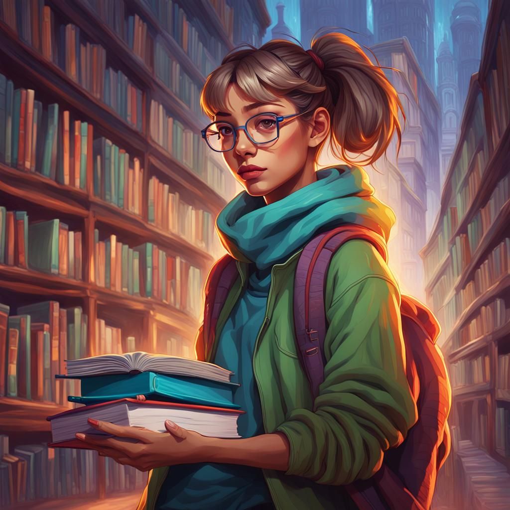 Detailed Portrait of Girl Holding Books in Digital Art Style