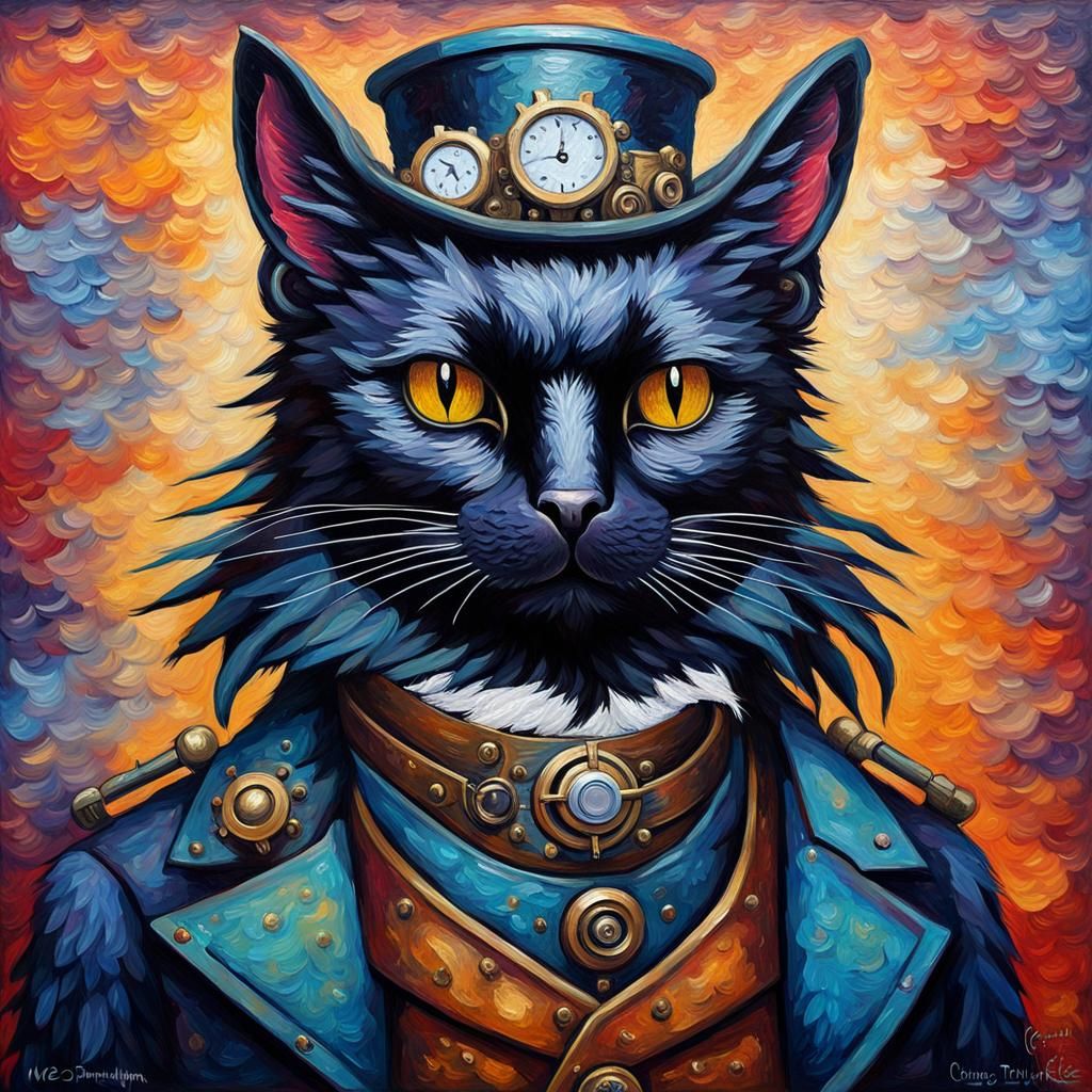 Steampunk Cat Raven Griffin in Expressionist Style