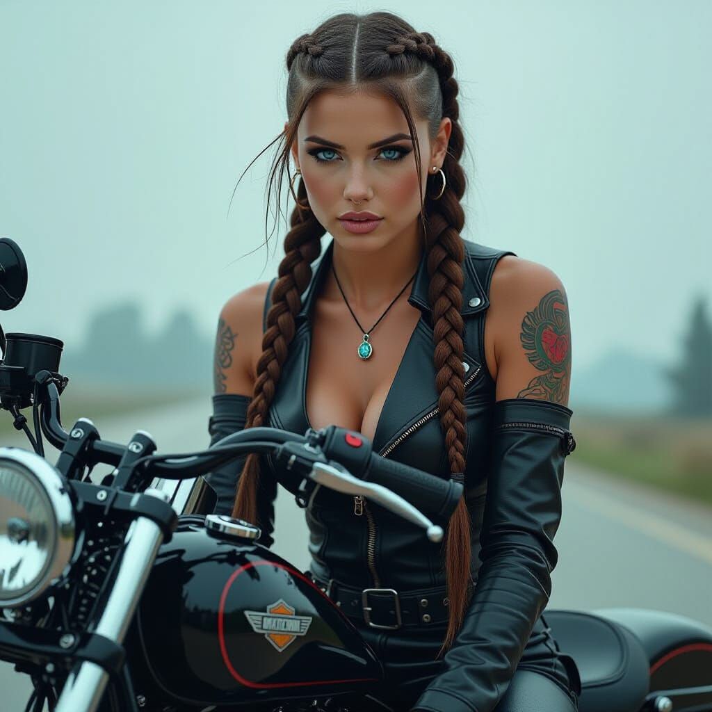 Woman on Harley Davidson in Ash Thorp Style