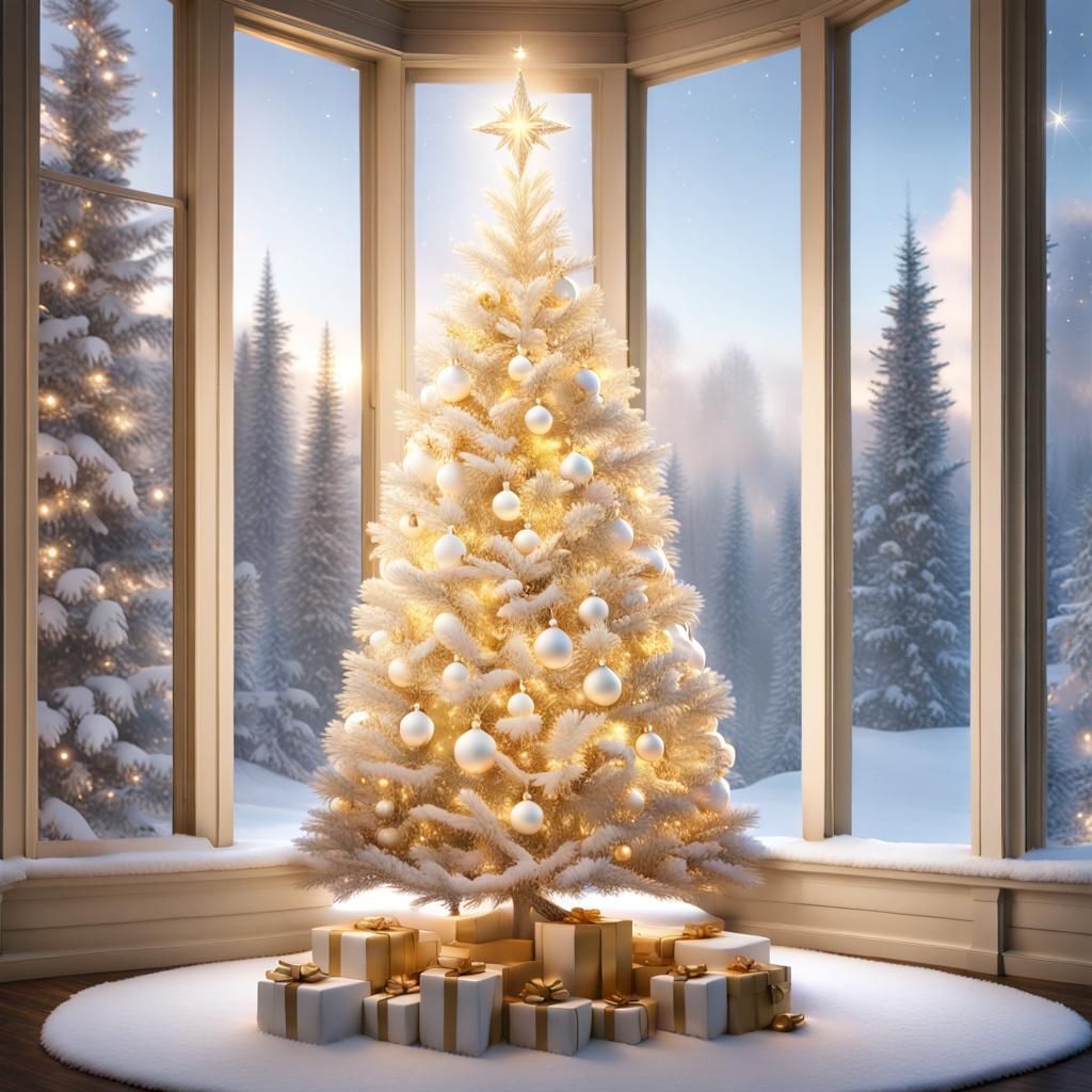 Golden Christmas Tree in Snowy Winter Scene