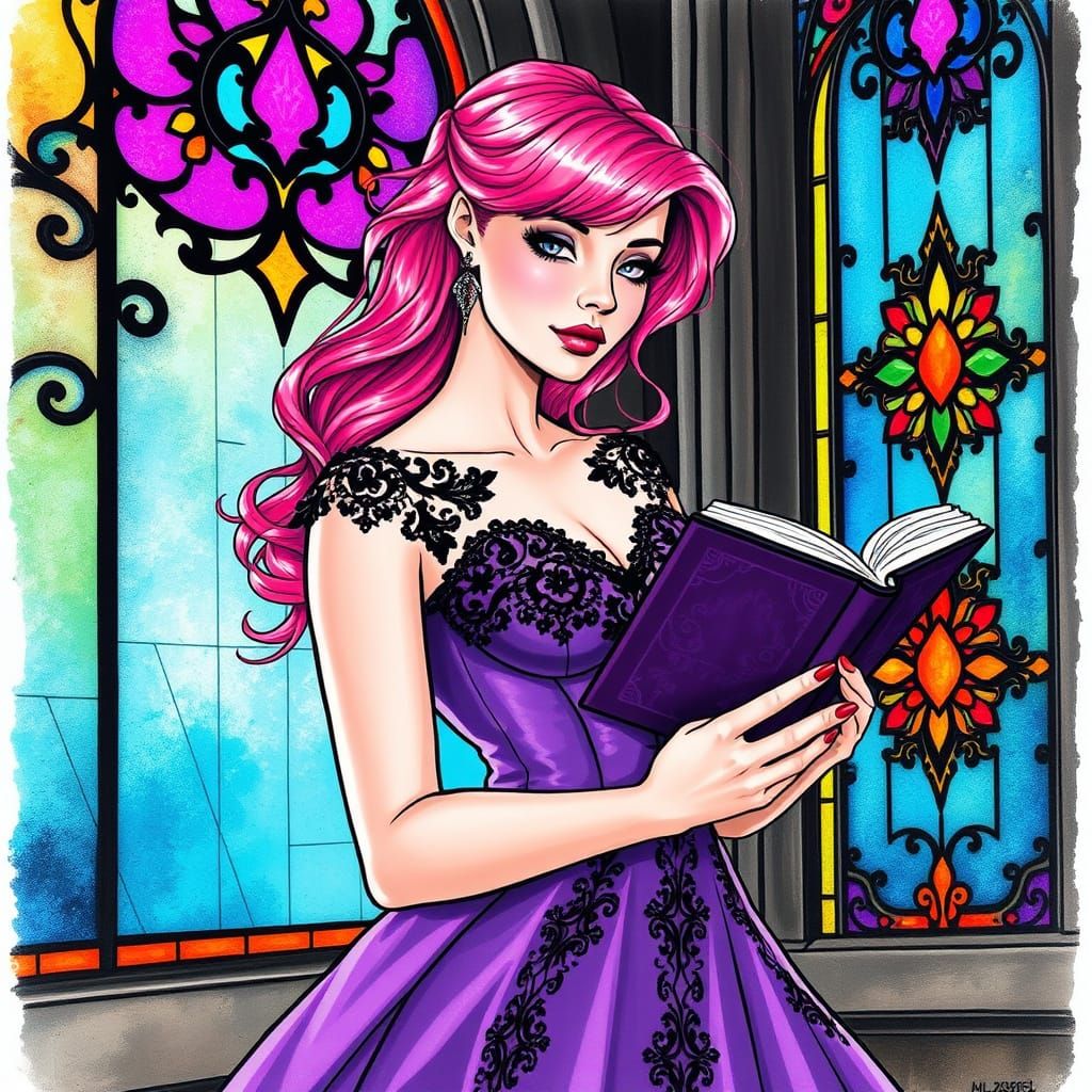 Woman Reading by Stained Glass in Comic Book Style