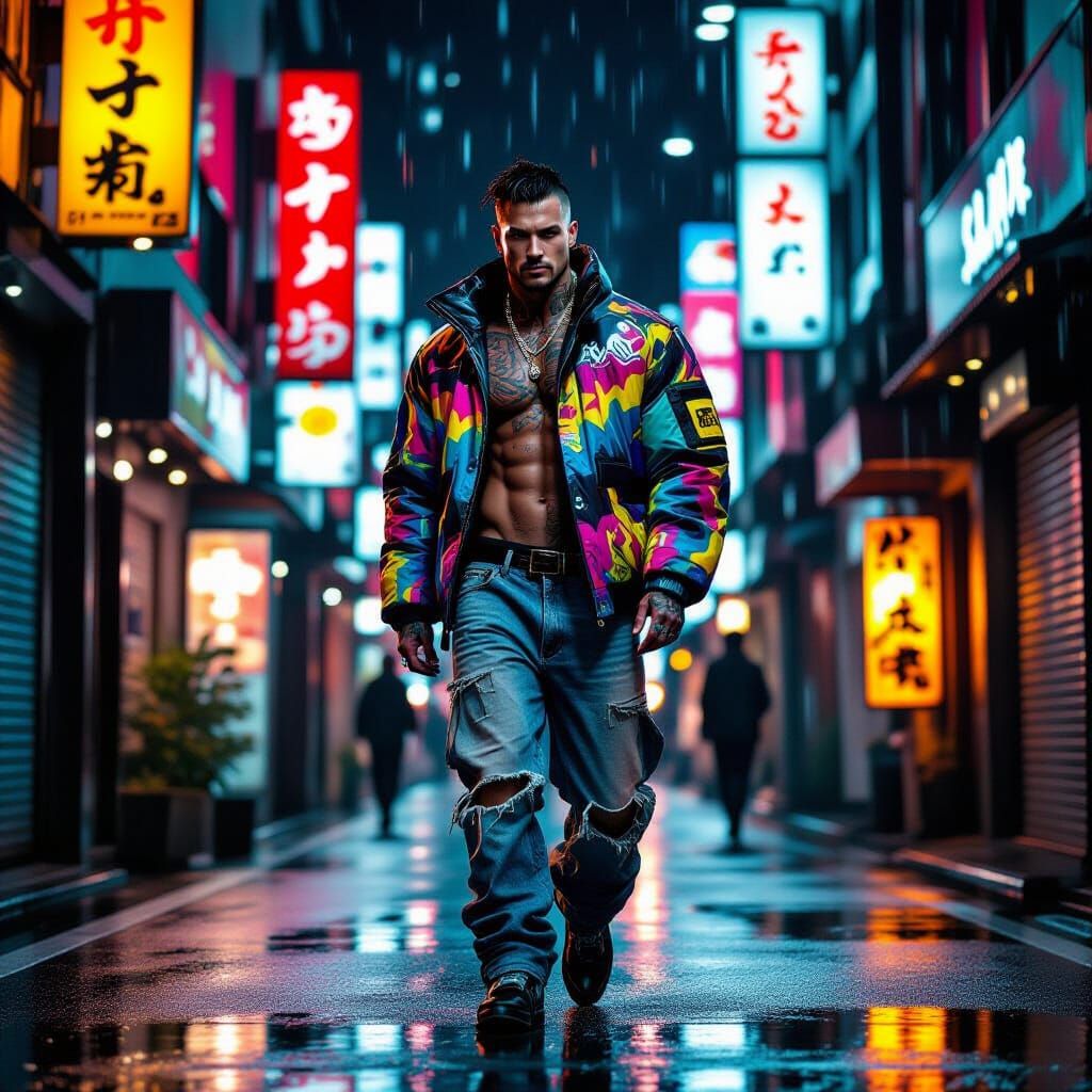 Neon Tokyo Alleyway: Man in Designer Streetwear