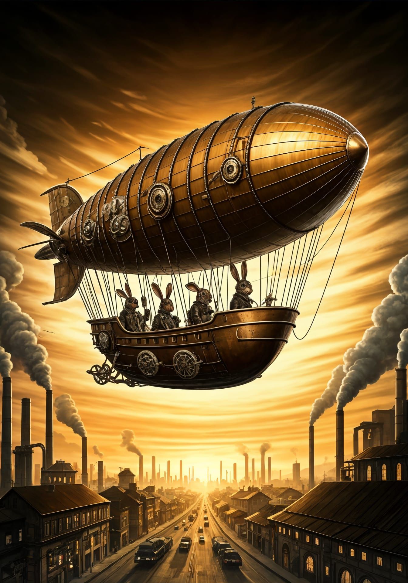 Steampunk Rabbits Pilot Airship Dirigible Over Industrial La...