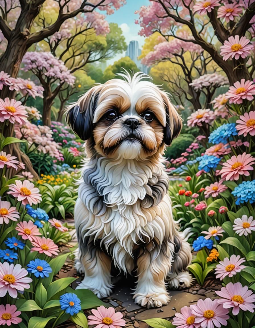 Chibi Shih Tzu in a Pastel Garden: Detailed Painting